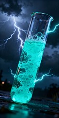3D bubbling test tube with neon cyan liquid, Halloween lab element, stormy night with lightning effects