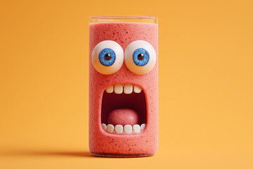 Bright, playful smoothie with googly eyes and open mouth against vibrant orange background, capturing a whimsical, fun vibe perfect for a dessert-themed event