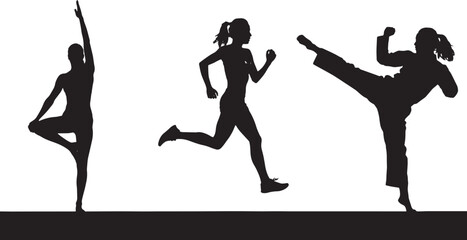 Silhouettes of Women Engaging in Various Fitness Activities Yoga, Running, and Martial Arts