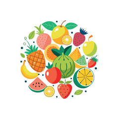 A colorful flat vector illustration of various fruits arranged in a circle. Include bananas, strawberries, watermelon, apple, pear, pineapple, and grapes. Use a playful and cartoonish style 