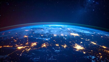 Fototapeta premium A stunning shot of Earth from space, showcasing the illuminated continents and vibrant night lights. Deep blues and glowing hues dominate the image