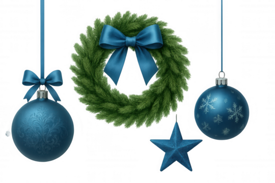 Christmas wreath with blue ribbon, hanging baubles, festive star on transparent background, holiday decorations