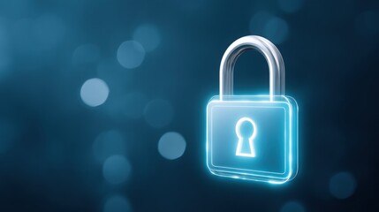 A glowing padlock icon symbolizes security and encryption, set against a soft blue background with blurred light effects.