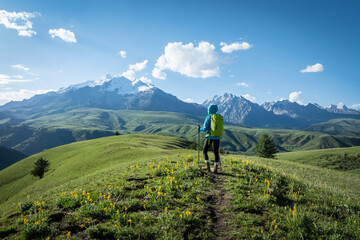 Obraz premium Backpacking woman hiking on flowering grassland mountain top