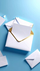 Elegant White Envelopes with Golden Interior on a Serene Blue Surface
