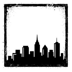 Dynamic abstract urban cityscape silhouette featuring a striking grunge distressed black border, ideal for contemporary graphic design projects, unique posters, apparel, digital backgrounds, and archi