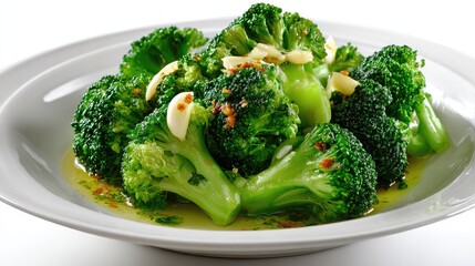 Steamed Broccoli with Garlic: A vibrant display of fresh, cooked broccoli florets, seasoned with aromatic garlic cloves, sitting on a pristine, white ceramic plate, a culinary delight.