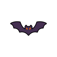 Cartoon illustration of a purple bat with glowing orange eyes, wings spread, isolated on a white background.