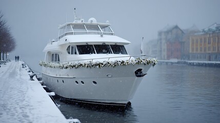 Winter landscape of town with lake or sea with boats on foreground, christmas