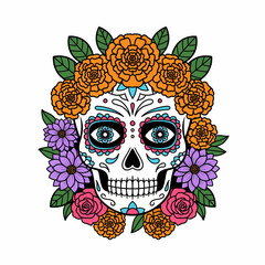 Fototapeta premium Vibrant Floral Sugar Skull Illustration for Day of the Dead Celebration