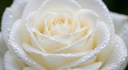 Close-up of a White Rose with Water Droplets on Petals.