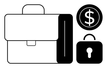 Black-and-white briefcase, coin with dollar sign, and padlock highlight finance, security, and business themes. Ideal for money management, savings, corporate planning, financial security business