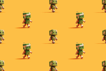 Halloween pattern of cartoonish green box‑headed zombie characters against vibrant orange background. Spooky, festive isometric pattern backdrop.