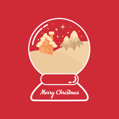 Christmas snow globe with gingerbread house, snowy trees and festive stars on red background, holiday decoration illustration, vector