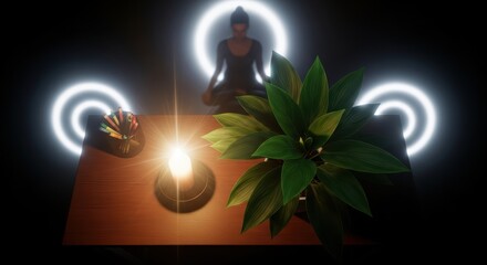 plant and candle on tidy desk, soft light, blurred person meditating at distance