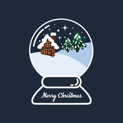 Christmas snow globe with gingerbread house, snow-covered trees and festive stars on blue background, holiday decoration illustration