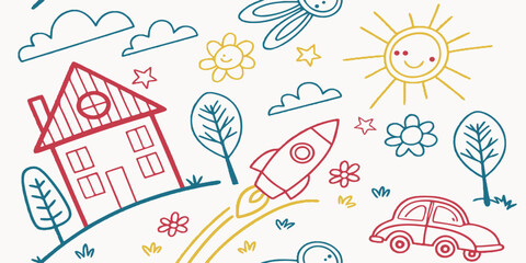 Cute seamless doodle pattern with rainbow, sun, house, trees, bunny, rocket, flowers and stars. Playful kids background for nursery, fabric, wallpaper, wrapping paper and textile design.