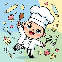 Sweetness of Baking: An adorable cartoon chef, bursting with enthusiasm, orchestrates a symphony of flavors, surrounded by delightful culinary tools and treats.
