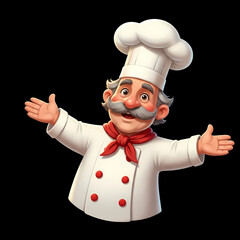 Friendly Chef Welcoming Gesture: A jovial chef, garbed in a classic toque blanche and uniform, offers a warm, inviting welcome with open arms and a cheerful smile.