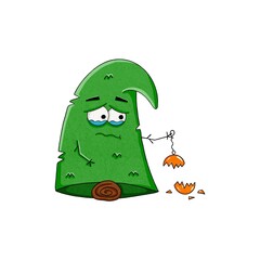 Cartoon style illustration of a green christmas tree character looking upset while holding a broken bauble, isolated on white background