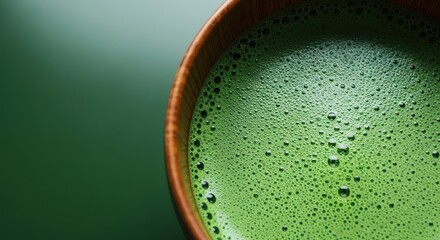 Frothy Green Matcha Tea in a Wooden Bowl