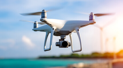 White drone with camera flying over coastal landscape at sunset