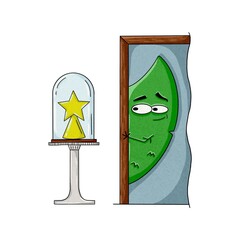Cartoon style illustration of a curious christmas tree character peeking from behind a door while watching a star under a glass dome, isolated on white background
