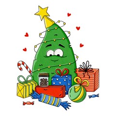 Cartoon style illustration of a smiling christmas tree decorated with lights, surrounded by presents, candy cane and hearts, isolated on white background