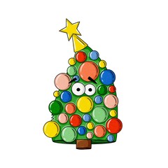 Cartoon style illustration of a christmas tree character decorated with many round ornaments in different colors, isolated on white background