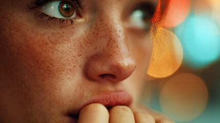 Focused Contemplation: A portrait of a woman with delicate freckles, her gaze is slightly unfocused, her expression reflecting deep thought.