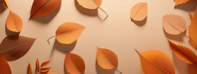 Banner. Minimal autumn background, warm beige and orange tones, scattered leaves,neutral surface, natural sunlight and soft shadows, copy space, mockup. Illustration.