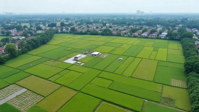 Aerial move over residential housing toward plantation paddy field