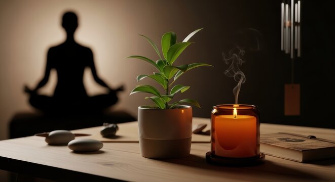 plant and candle on tidy desk, soft light, blurred person meditating at distance - Powered by Adobe