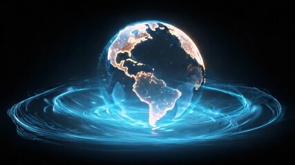 Digital planet Earth hologram rotating with glowing continents and neon blue rings on a dark background. Futuristic animation for global business, science, communication, and technology projects - Powered by Adobe