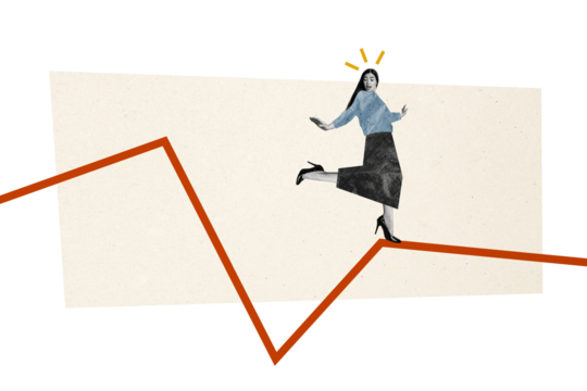 Composite photo collage of astonished girl run graph decline trap business problem recession low statistics isolated on painted background