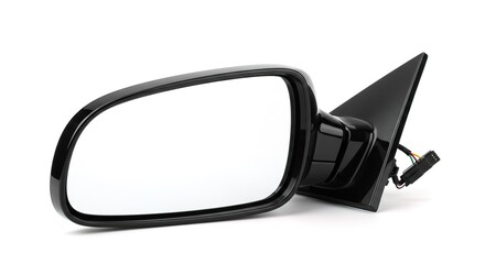 A black car side mirror isolated on a white background view