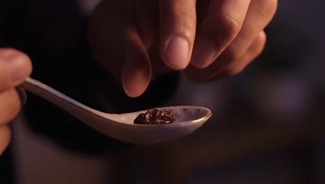 hand placing rum raisin into white ceramic spoon