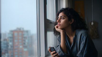 Fototapeta premium Reflecting on Thoughts: A woman, lost in contemplation, gazes thoughtfully out a window, smartphone in hand. The scene evokes a sense of serenity and introspection amidst the urban landscape.