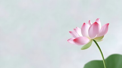 A beautiful, serene close-up view of a single pink lotus flower blossom with lush green leaves against a soft, calming background