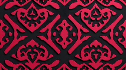 Vibrant, symmetrical pattern with detailed, elegant floral and swirl motifs in shades of pink and black