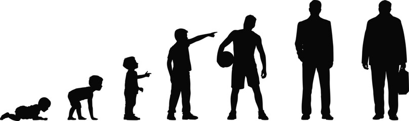 Male life stages, from crawling baby to elderly man, growth development timeline, human aging process, evolution of boy to adult