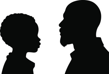 Silhouette of father and child facing each other, family love, parenting concept, generational bond, emotional connection, profile view, black illustration