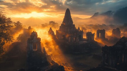 Majestic ancient temple ruins surrounded by lush greenery du vibrant sunset with golden hues and misty mountains in the background, creating a mystical atmosphere