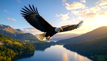 Majestic bald eagle soars over serene lake and mountains, bathed in golden sunlight and partly cloudy skies