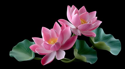 Delicate and serene pink lotus flowers blooming amidst lush green leaves, floating peacefully on the calm surface of a tranquil pond