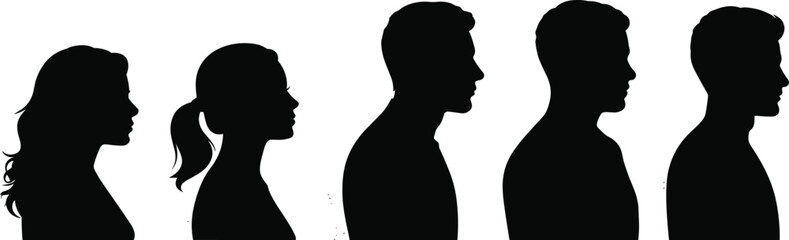 Silhouette profile of men and women, side view, diverse people head shapes, flat vector illustration, perfect for design projects