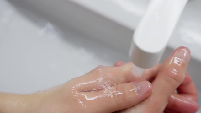 Two-frame close-up sequence of hands being thoroughly washed under running water with gentle soap lather, showing hygiene, cleanliness, and proper handwashing technique at a sink