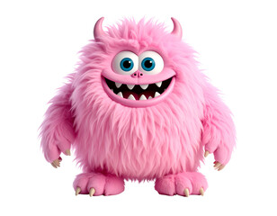 Fototapeta premium A cheerful pink monster with fluffy fur and large blue eyes, showcasing a friendly and playful demeanor.