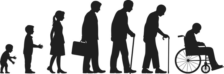 Silhouettes of human life stages from baby to elderly man in wheelchair, growth and aging concept - flat vector illustration