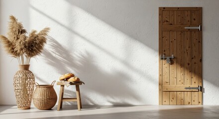 Rustic Wooden Door and Bohemian Decor Accents Bathed in Sunlight
